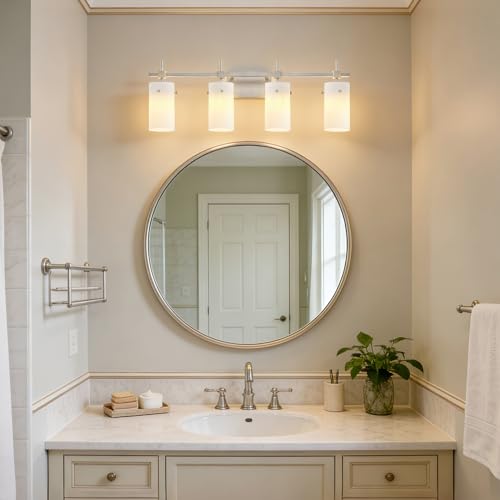 Image of SOLFART 4 Light Bathroom Vanity Lights Over Mirror, Vintage Bathroom Lighting Brushed Nickel Wall Sconce with Milky White Glass Shade