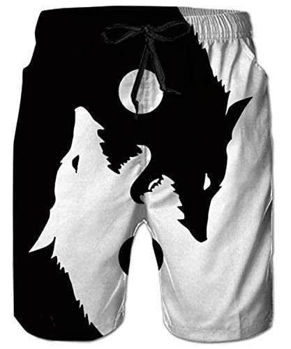 Badehose Herren 3D Neuheit Wolf Druck Schnell Trocknen Badeshort Schädel Sommer Hawaiian Strand Schwimmhose mit Netzfutter XL