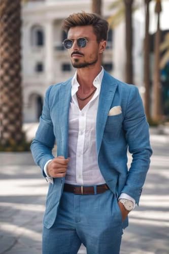 Men's Linen 2 Piece Suit Set for Summer Casual Wedding Groom Formal Business Lightweight Slim Fit Blazer Pants3