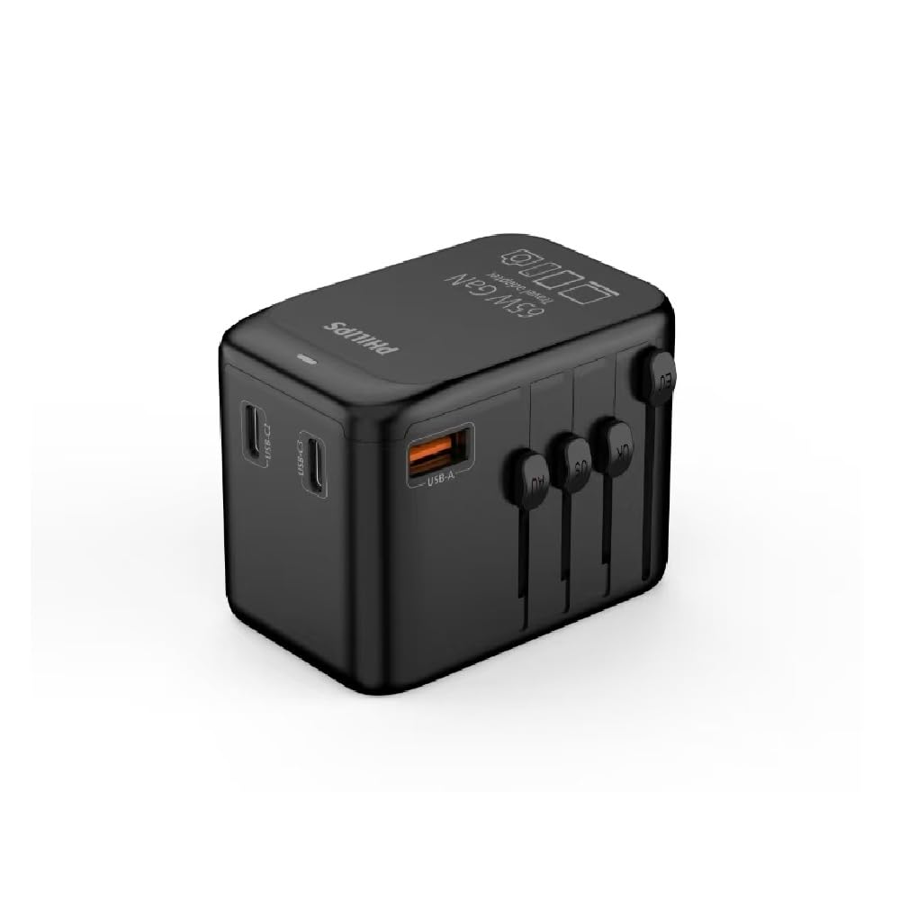 Philips CHP9000BK 65W GaN - Caricabatterie da viaggio internazionale 3 porte USB-C e 1 USB A, ricarica rapida PD/QC, adattatore universale (USA/UK/EU/OFF), colore: Nero
