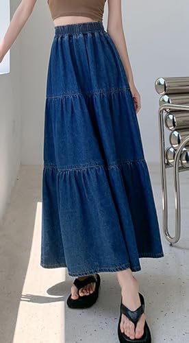 chouyatou Women's Spring High Elastic Waist Tiered Denim Skirt Summer A-Line Maxi Long Jean Skirt3