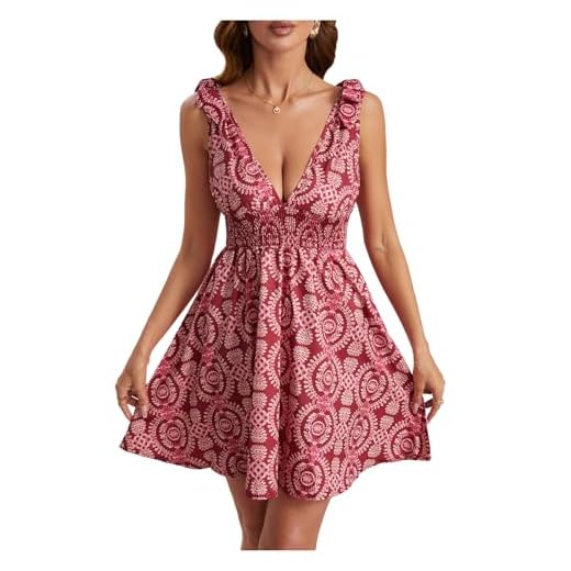 BEAUDRM Vestido curto com estampa tribal e ombro amarrado, sem mangas, para o verão, rosa, M