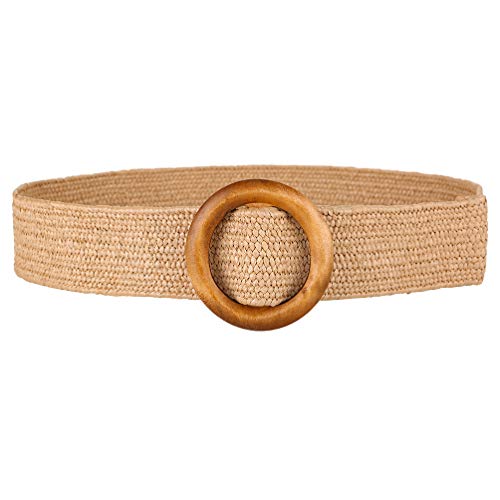 Retro Ladies Woven Belt with Round Wooden Buckle, Fashion Waist Belt for Women, Brown, 37 Inches