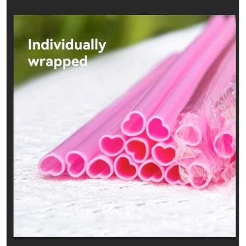 Image of 100pcs Pink Heart Straws Bulk 8mm - Individually Wrapped Straws