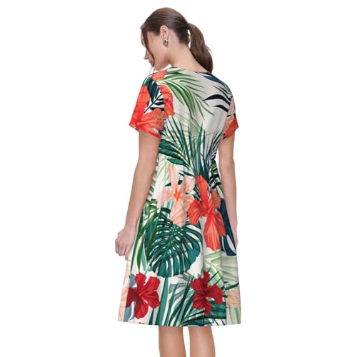Robe d'été fluide imprimé hibiscus avec manches courtes