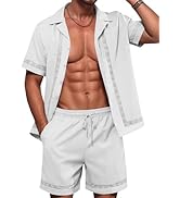 ZSJR Mens 2 Pieces Linen Set Short Sleeve Shirt and Shorts Resort Wear Summer Vacation Beach Yoga...