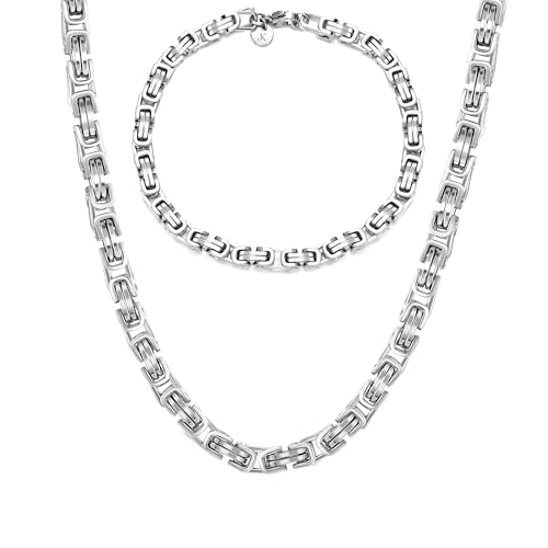 KIM JOHANSON® Edelstahl Herren Königskette Set in Silber | Armband und Halskette | Breite Kette für Männer | Wasserfest | Dicke Armkette | 5mm Breit | Verschiedene Längen | Massive Silberkette (60 CM)