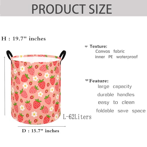 Image of Kids Laundry Hamper Clothes Gift Basket Storage Laundry Baskets Organizer Bin with Handles for Nursery Room (Strawberry)