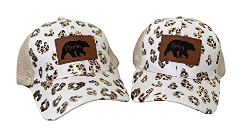 Mom and Daughter Matching hat Set, Mama Mini Matching, Mama Mini Matching hat Set, Mother Daughter Outfits (Mama Bear and Baby Bear, White and Gold Leopard)