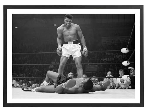 Générique Tableau Mohamed Ali 70 x 50 cm avec cadre en bois noir inclus - Affiche décoration boxe noir et blanc