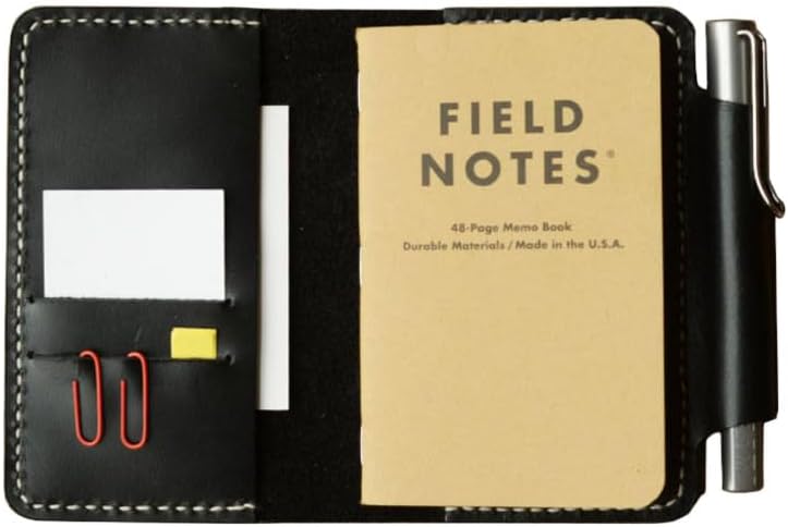 Refillable genuine Tooled Leather Journal Cover for pocket size field notes notebook pen holder card slots/fit 3.5 x 5.5" - 302 - Black