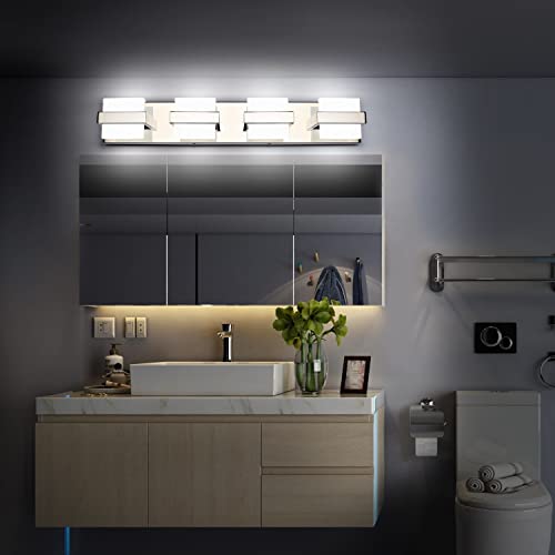 Image of SOLFART 4 Lights Chrome Bathroom Light Over Mirror Modern Bathroom Vanity Light Fixtures Bathroom Lighting Fixtures 27 inch White Light Non Dimmable
