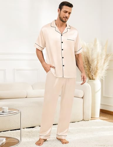 Image of SWOMOG Mens Silk Pajamas Set Satin Pj Set Short Sleeve Sleepwear Button Down Lounge Set with Drawstring & Pockets S-3XL