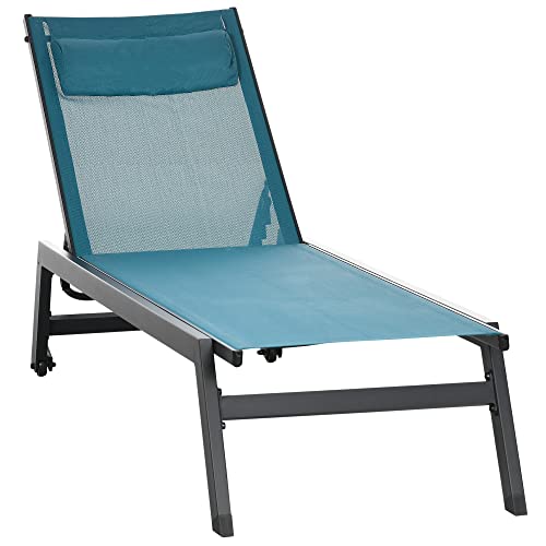 Outsunny Tumbona de aluminio y textileno con ruedas y reposacabezas, respaldo reclinable, multiposición, color azul