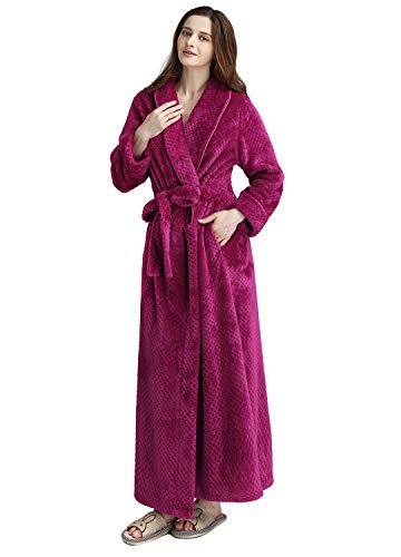 Women Robe Long Fleece Bathrobe Warm Waist Belt Super Soft Spa Full Length Sleepwear with Shawl Collar (Large/Xlarge, Rose)