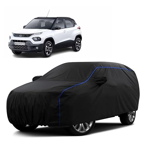 Image of Sulfar 100% Water Resistant Car Body Cover Compatible with Mirror for Tata Punch (Triple Stitched, Full Bottom Elastic, Black Tafetta with Blue Piping)