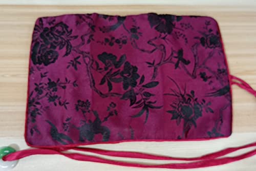 Only My Live Home Luxury Silk Brocade 3 Zipped Jewelry Bag Travel Jewellery Roll Drawstring Packaging Necklace Bracelet Ring Makeup Storage Pouches (Burgundy Flower Birds) #TOP1