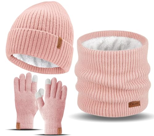 3 Pieces Winter Hat Scarf Touchscreen Gloves Set for Men and Women, Thick Warm Fleece Lined Knit Beanie Hat Neck Warmer