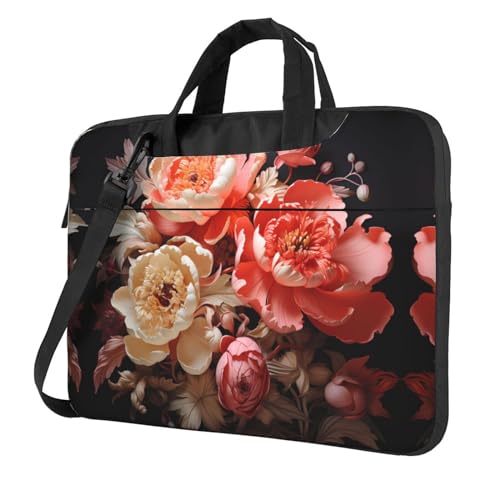 Bolsa de hombro multifuncional para laptop, diseño de peonías de colores brillantes, bolsa de hombro de 14.96 pulgadas de largo, maletín