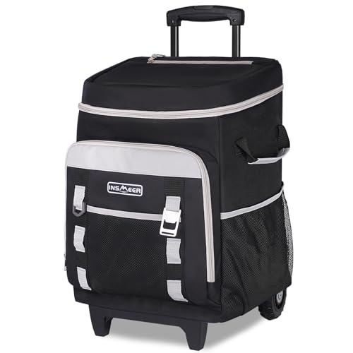 INSMEER Cooler with Wheels and Handle, 80 Cans/50L, Portable Rolling Coolers, 2-in-1 Collapsible Trolley Cart, Large Coolerbag for Grocery Shopping