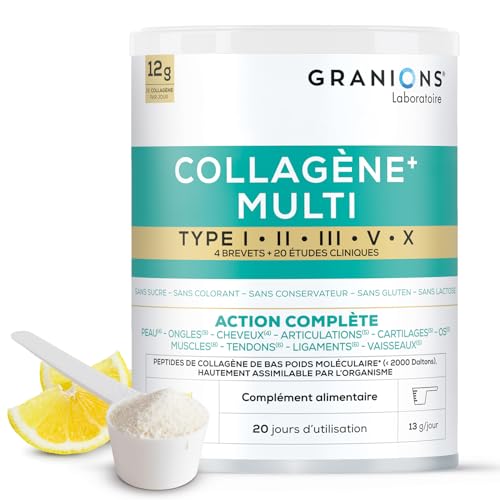 MULTI Collagene - 5 Types de Collagène - GRANIONS Collagène N°1 en Pharmacies - Collagene Marin Poudre - Collagene Marin + Vitamine C - 20 études cliniques - Goût Citron - Collagene Poudre 260 g MULTI Collagene - 5 Types de Collagène - GRANIONS Collagène N°1 en Pharmacies - Collagene Marin Poudre - Collagene Marin + Vitamine C - 20 études cliniques - Goût Citron - Collagene Poudre 260 g