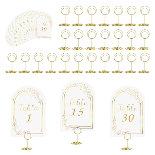JOYIT 30 Sets Wedding Table Number Cards 1-30 Set with Round Holders, 4'x6' White Gold Table Numbers and Place Card Holders for Wedding Reception, Birthday Party Decorations