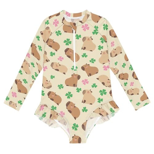 Capybara with Lucky Clover Yellow Girls One Piece Rash Guard Swimsuit, Girls Long Sleeve Swimwear for 3-12Y