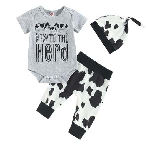Image of SAYOO Western Newborn Baby Boys Cowboy Outfits Cow Print Letter Bodysuit+Long Leggings+Cap 3pcs Infant Boy Country Clothes (A-grey#b, 0-3 Months)