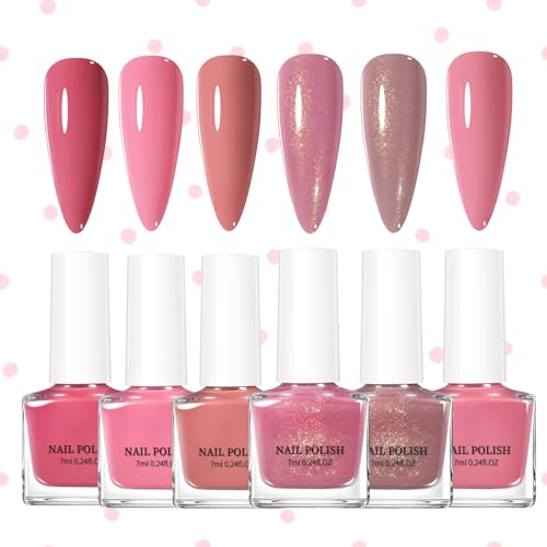 Image of 6PCS Pink Nail Polish Set,Air Quick Dry Nail Varnish,Rosy Pink Gold Glitter Brown Nail Varnish,Shimmer Nail Polishes Kit For Women Girls Gift No Need UV