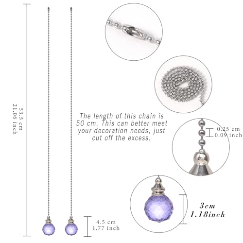 Image of 2 Pieces Purple Crystal Ceiling Fan Pull Chain Prism Ball 30mm Dazzling Pull Chain Extension with Connector for Ceiling Light Fan