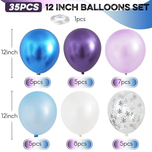 Image of Blue Purple Snowflake Balloons Set, 12 Inch Metallic Blue Purple Balloon Snowflake Confetti Latex Balloons Metallic Silver Girls Birthday Party Decoration for Children Winter Birthday Party Supplies