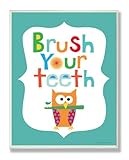 The Kids Room by Stupell Brush Your Teeth with Owl on Blue Background Rectangle Wall Plaque