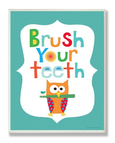 The Kids Room by Stupell Brush Your Teeth with Owl On Blue Background Rectangle Wall Plaque, 11 x 0.5 x 15, Proudly Made in USA