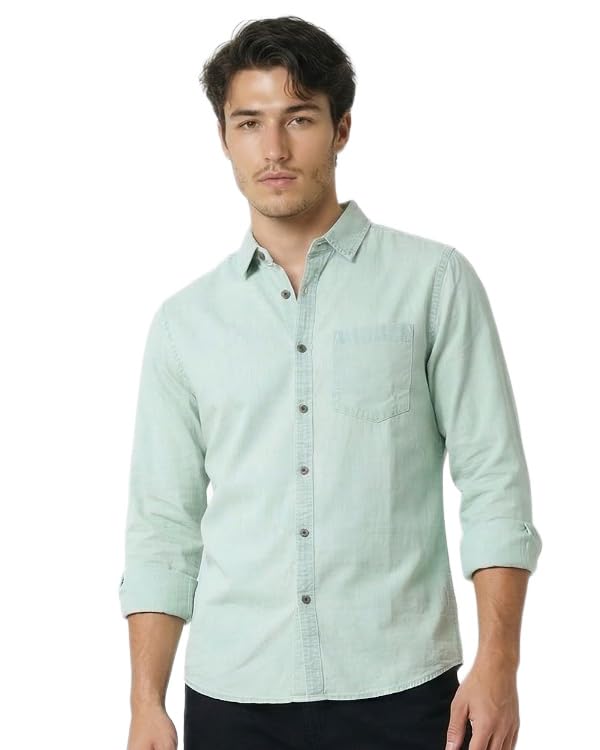 Image of Amazon Brand - INKAST Men Washed Cotton Twill Denim Casual Button Down Shirt | Full Sleeves | Regular Fit | Stylish Summer - Everyday Wear