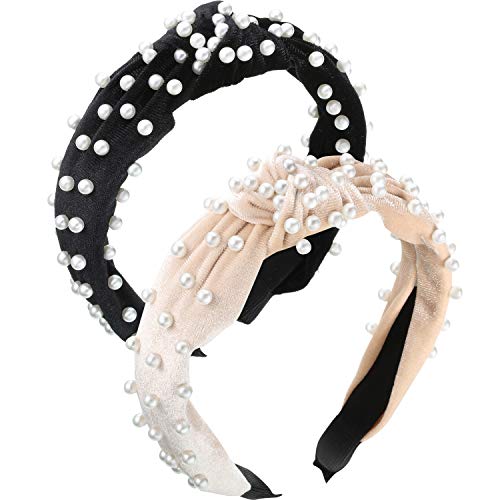 2 Pieces Pearls Headband Wide Hair Hoop Velvet Vintage Twisted Headwear for Girl Woman Hair Accessories (Beige, Black)