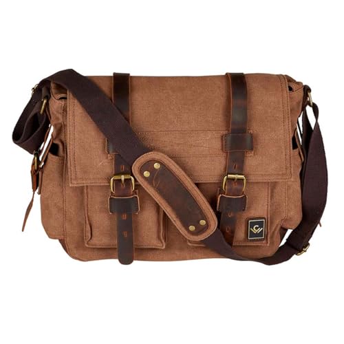 Canvas Messenger Bag with leather trim, Olive, 15.3 x 4.33 x 12.2 inches