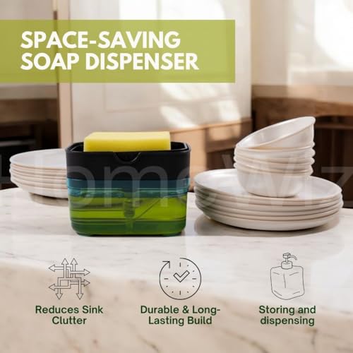 Image of HomeWiz Soap Dispenser for Kitchen & Bathroom 400ml | Countertop Soap Pump Bottle with Sponge Holder | Kitchen Sink Dishwash Liquid & Hand Wash Dispenser | Clear Rust-Free Body | Easy Clean & Refill