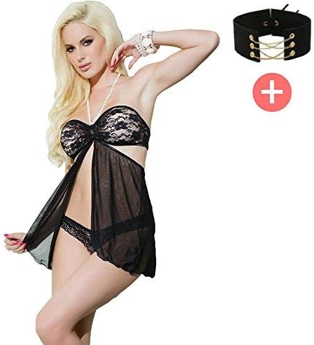 Firekitty Pearls Embellished Lace Bandoo Tulle Babydoll Set Black