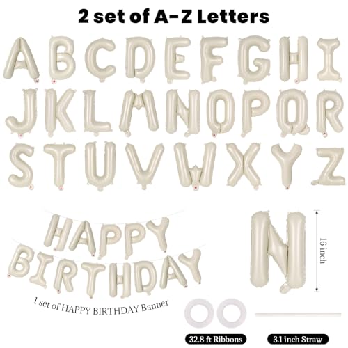 Image of 65 Pcs Cream Happy Birthday Balloons, 2 Sets A-Z Cream Letters Foil Balloons,16 Inch Personalized Name Happy Birthday Banners for Wedding Baby Shower Anniversary Party Decorations