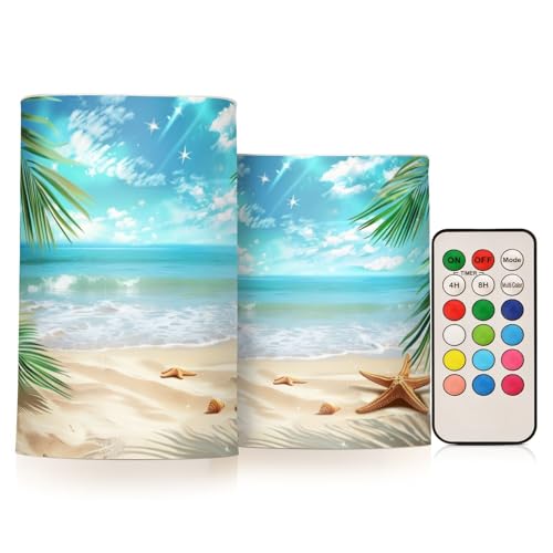 Image of Flickering Flameless Candles, Palm Leaves Starfish Beach LED Candles with Remote Timer, Set of 2 Battery Operated Candle for Valentine Wedding Birthday