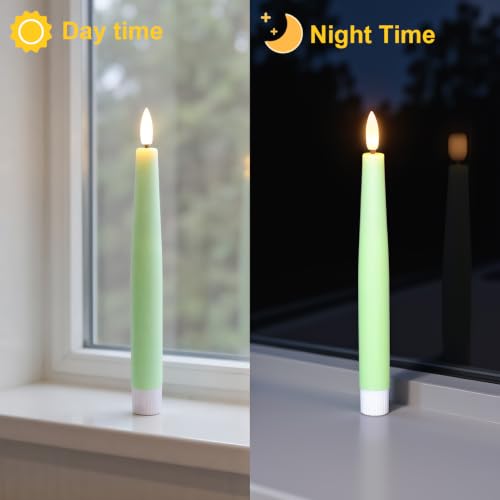 Image of Spring Green LED Taper Candles Battery Operated Remote, 4 Pack | Real Wax 3D Flickering Flame, 0.78 inch x 8.1 inch, Fits Holders, 2 /4 /6 /8H Timer, Spring Green Candlesticks for Party Decor