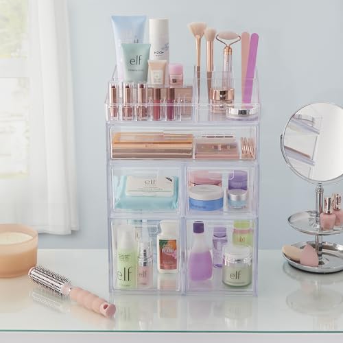 STORi Audrey Stackable Clear Bin Plastic Organizer Drawers | 2 Piece Set | Organize Cosmetics and Beauty Supplies on a Vanity | Made in USA