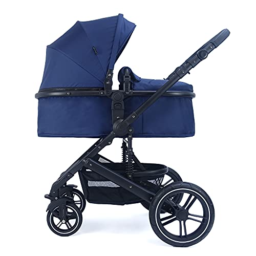Pixini Neyla Kombi Kinderwagen mit Stoffwanne/Buggy/Wickeltasche/Getränkehalter/Regenplane/Mückennetz/Wickelauflage (3in1 Set mit Babyschale schwarz/marine)