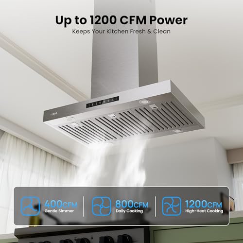 Image of VIKIO HOME 36 inch Island Range Hood, Dual-Sided Gesture Sensing and Touch Controls Island Mount Range Hood, Upgraded 36 Inch 1200 CFM Ducted Range Hood with 3 Speed Fan, Stainless Steel