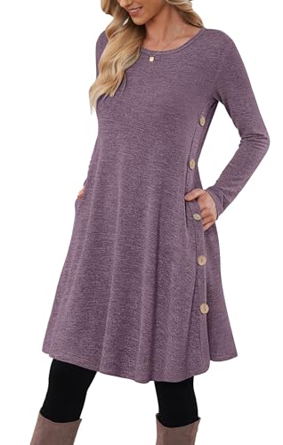 MOLERANI Pulloverkleid für Damen Langarm Kleid Damen Knopf Lässiges Tunikakleid mit Taschen Lila S