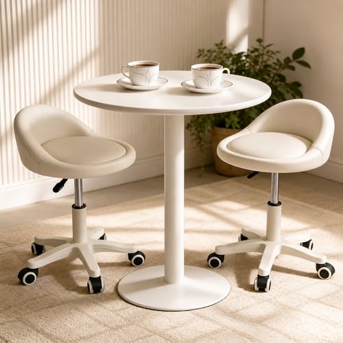 Image of Swivel Rolling Stool with Wheels, Height Adjustable PU Leather Drafting Chair, Round Seat for Salon, Spa, Tattoo, Office, Home Use Beige Set of 2