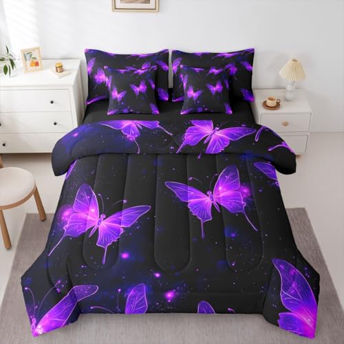 Image of Neon Purple Butterflies 7 Pieces Bedding Set Queen Size,Starry Sky Bed in a Bag,Outer Space Galaxy Bed Set Includes Comforter,Sheet Set,Pillowcases & Pillow Covers,Elegant Wildlife Bedroom Decor