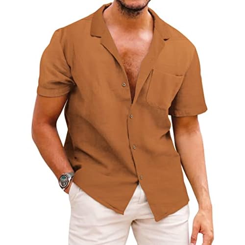 COOFANDY Men's Hawaiian Floral Shirts Cotton Linen Button Down Tropical Holiday Beach Shirts Light Brown 4X-Large