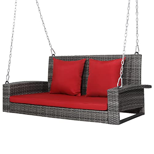 Tangkula 2 Person Wicker Hanging Porch Swing, Patiojoy Outdoor Rattan Swing With Soft Cushions And 2 Rustproof Steel Chains, 800 Lbs Patio Swing Bench For Balcony, Garden And Yard (Red) #TOP12