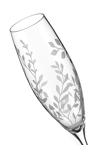DIAMANTE Crystal Champagne Flutes Prosecco Glasses Pair - ‘Breeze’ - Intricately Etched Floral Leaves Pattern - Set of 2 - Image 3